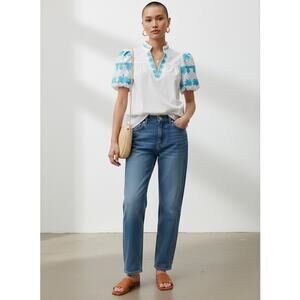 Entro NWT Off White Blue Embroidered Bubble Sleeve Blouse S